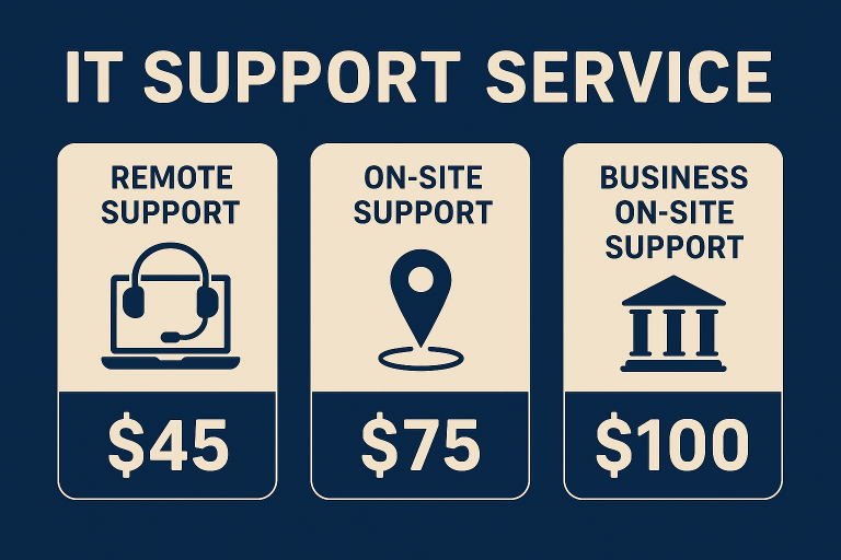 Rates IT support service options: Remote support for $45, On-site support for $75, Business support for $100.